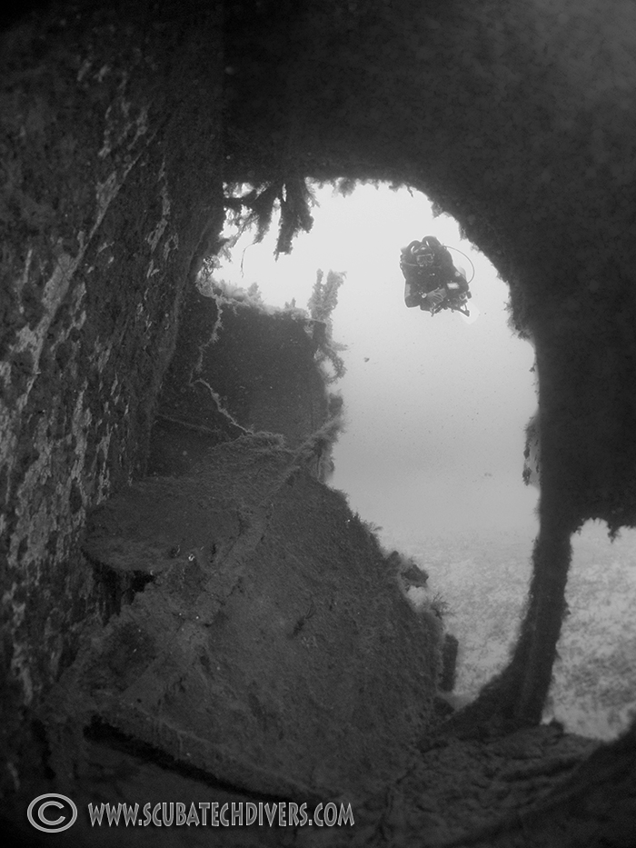 rebreather diver on cricket in distance in black and white