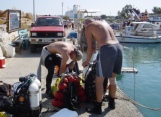 technical divers setting up the dive kit for a boat dive in cyprus