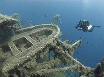 Diving the Zenobia in Cyprus with Scuba Tech. Diver over the life boat