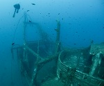 diver over the alexandria wreck in cyprus