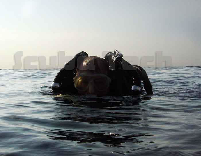 Rebreather diver at the surface ready to descend