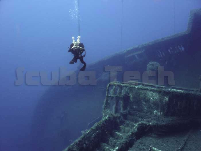 technical diver at the bow of Zenobia